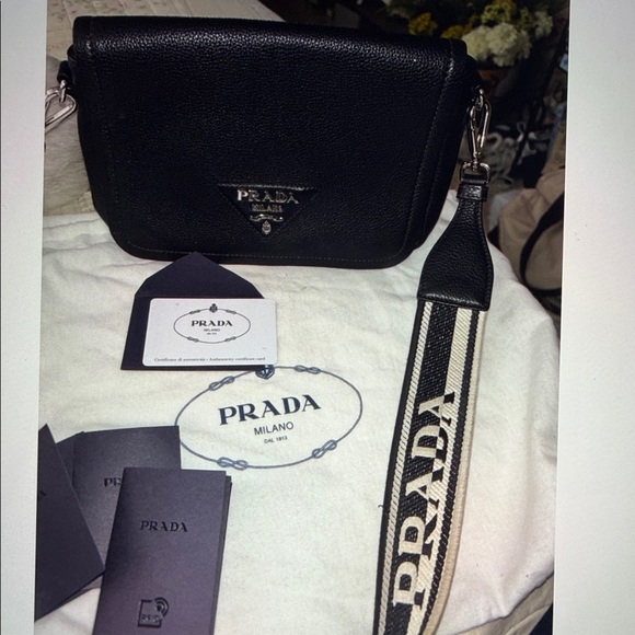 Prada Handbags - Prada Vitello Daino soft Black Crossbody Bag with Logo Strap